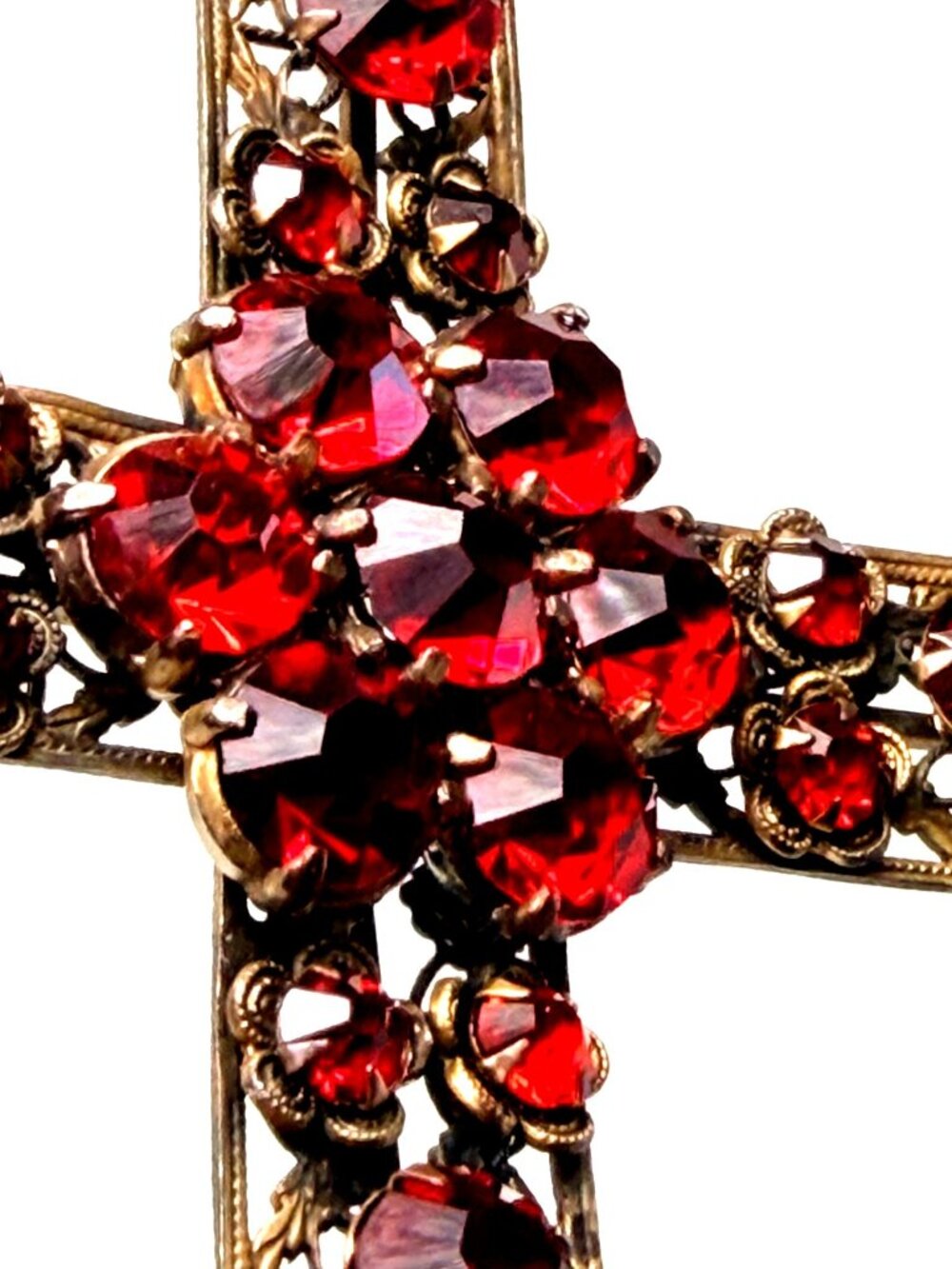 Large Vintage Red Rhinestone Cross Pendant Filigree Brass Czech Gothic Estate 4" - Picture 4 of 8